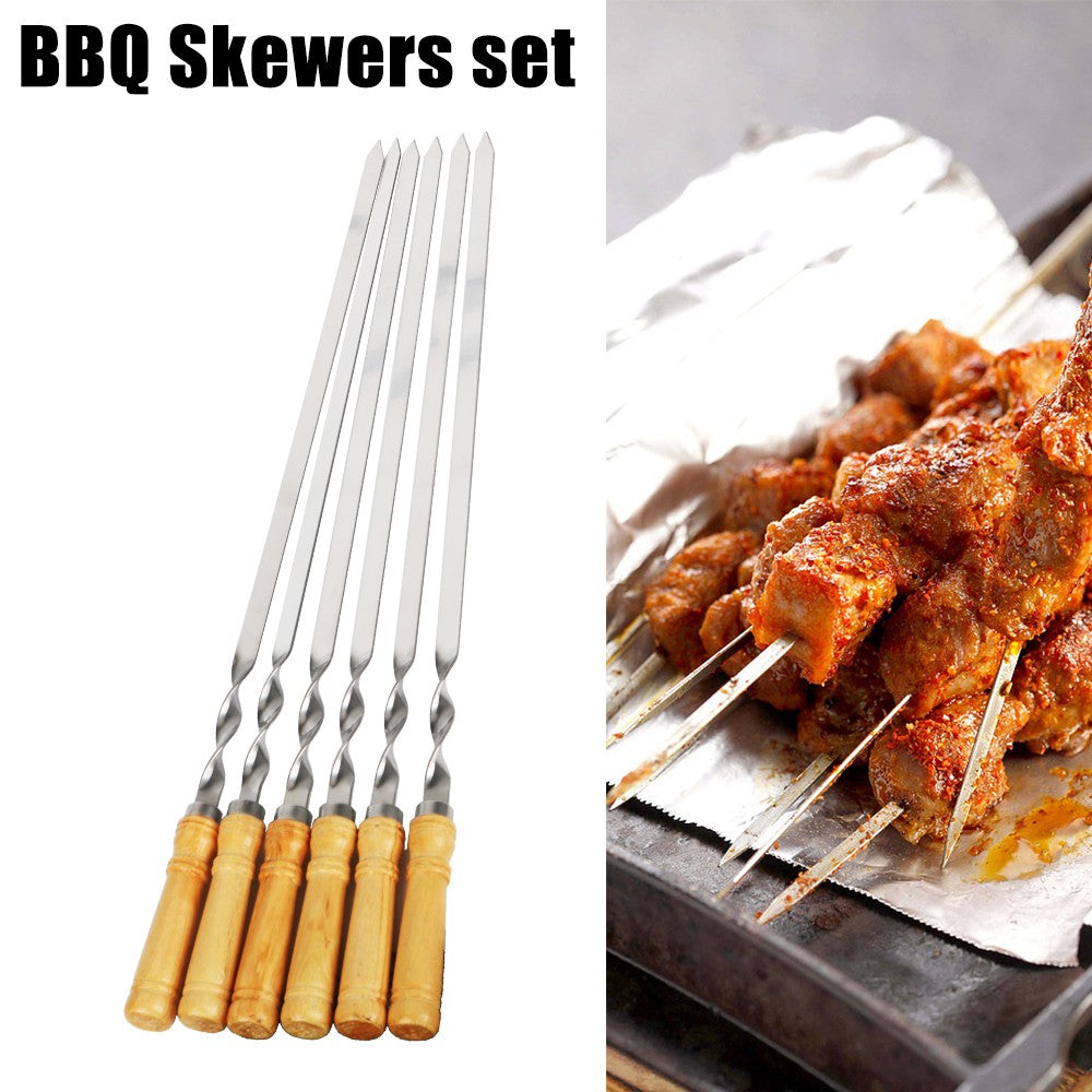 6Pcs Long Handle Shish Kebab Wood BBQ Fork Stainless steel Outdoors Grill Needle Barbecue Grill Stick 55cm 21.65" BBQ Skewers