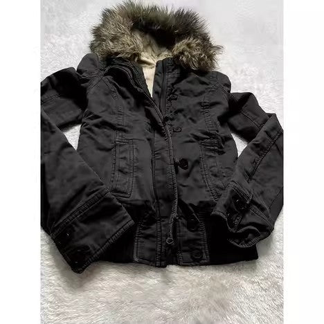 Gothic Y2K Womens Vintage Fur Trimmed Hooded Jacket Autumn Winter Black Shearling Lined Zipper Coat Warm Casual Winter Outerwear