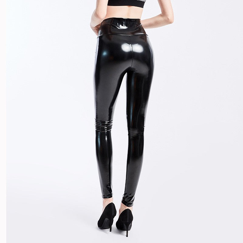 Push Up Women Black Leggings High Waist Elastic PU Leather Skinny Pants Shiny Wet Look Metallic Latex Ankle-Length Bottom