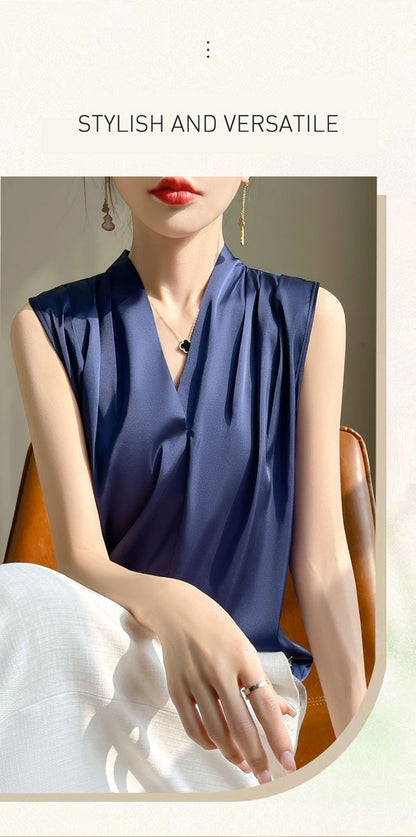 Womens Tops Blouses Solid Color White Satin Blouse Office Shirt Blusas Sleeveless Women Shirts Black White Female YTM A31