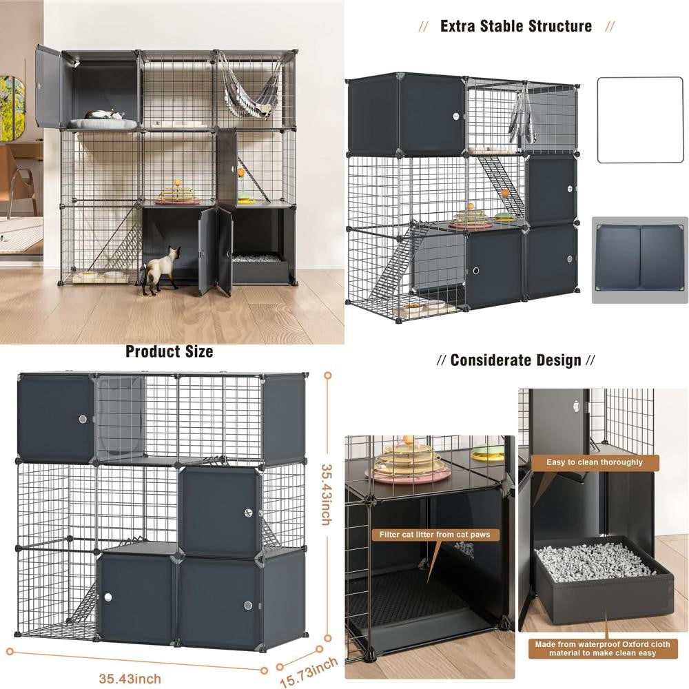 Recinto Multifuncional para Gatos de 3 Níveis: Cercadinho Interno/Externo com Caixa de Areia e Gaiola de Metal Destacável