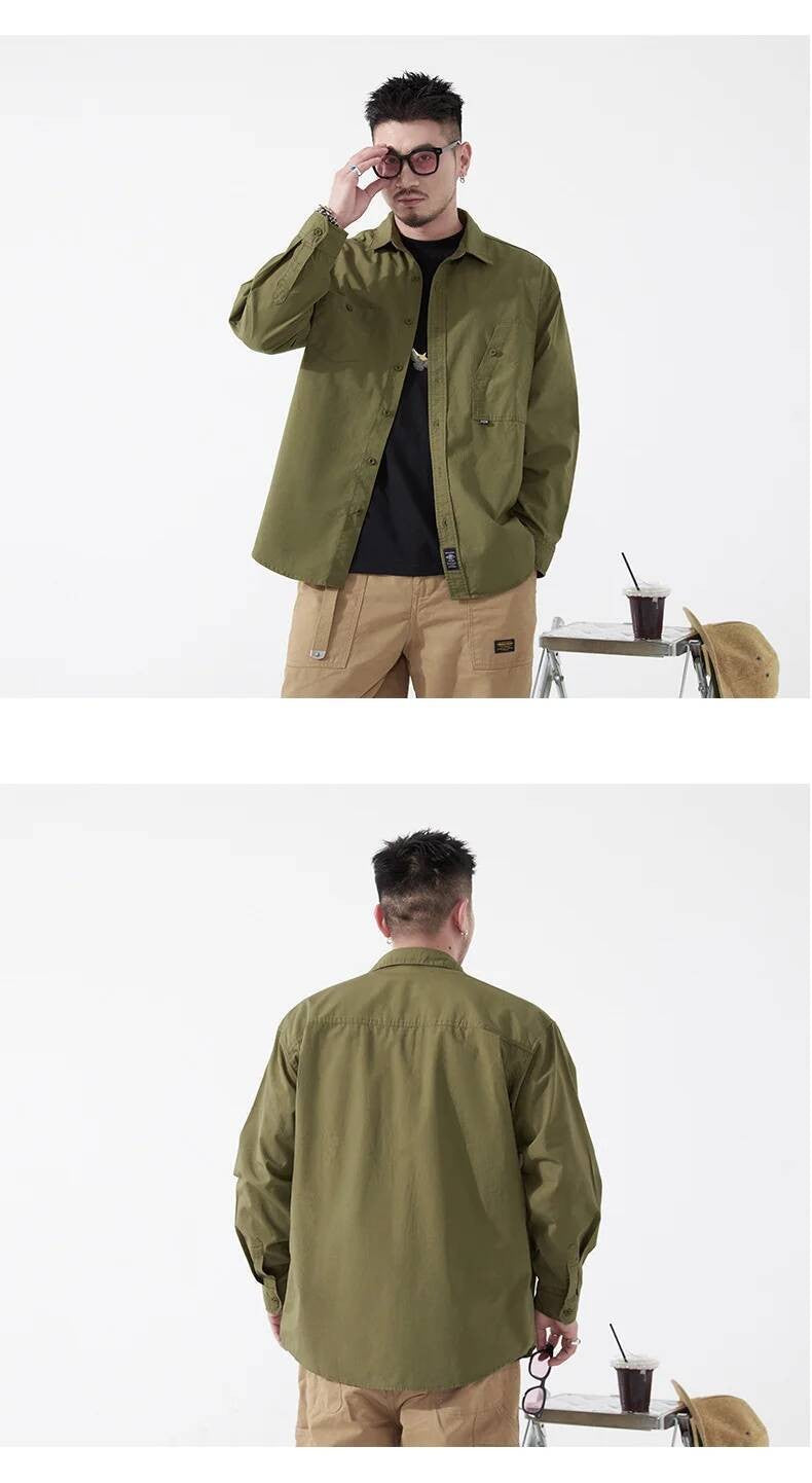Men's Cargo Shirt Long Sleeve Premium Cotton Solid Color Japanese Streetwear Simple Handsome Chest Pocket Outdoor Work Shirst
