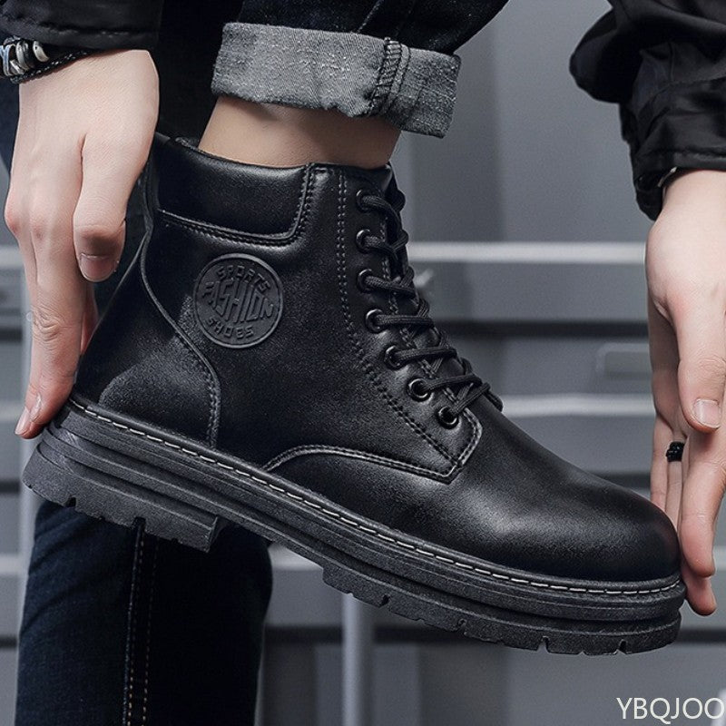 Bota Masculina Cano Alto Aumento de Altura Sola Grossa Primavera Outono Tamanho Grande Tendência Nicho Versátil Antiderrapante Bota Curta