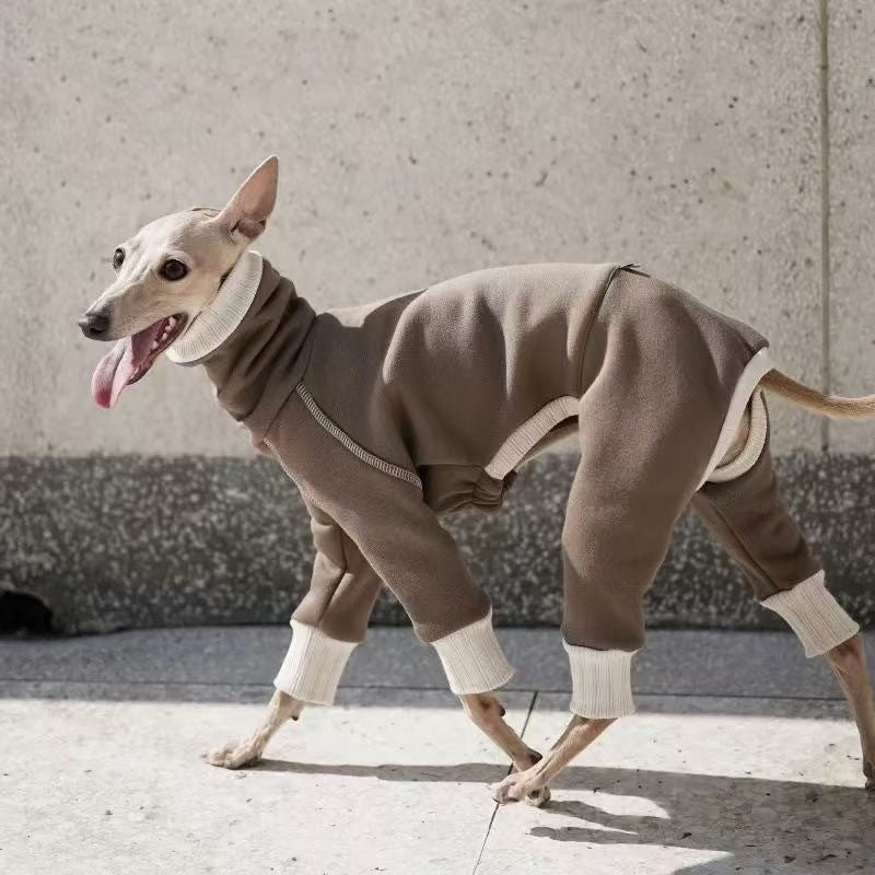 Roupas de cachorro, pelúcia, quente, gola alta, quatro patas, ligeiramente elásticas, estilo "Little Lingti", roupinhas "Huibit", base quente de quatro patas.