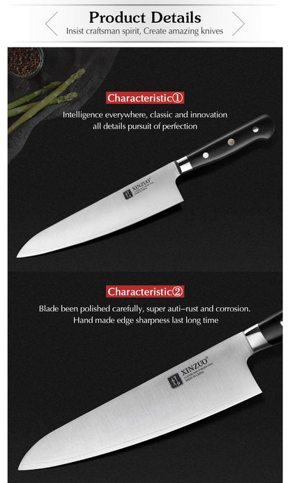 XINZUO 210mm Chef Knife 3 Layer 440C Core Clad Steel Kitchen Knives Stainless Steel Sharp Butchers Gyutou Knife with G10 Handle