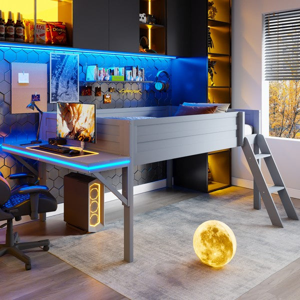 Cama Loft para Jogos de Tamanho Grande com Escrivaninha e Luzes LED, Acabamento Cinza, Design Elegante que Economiza Espaço