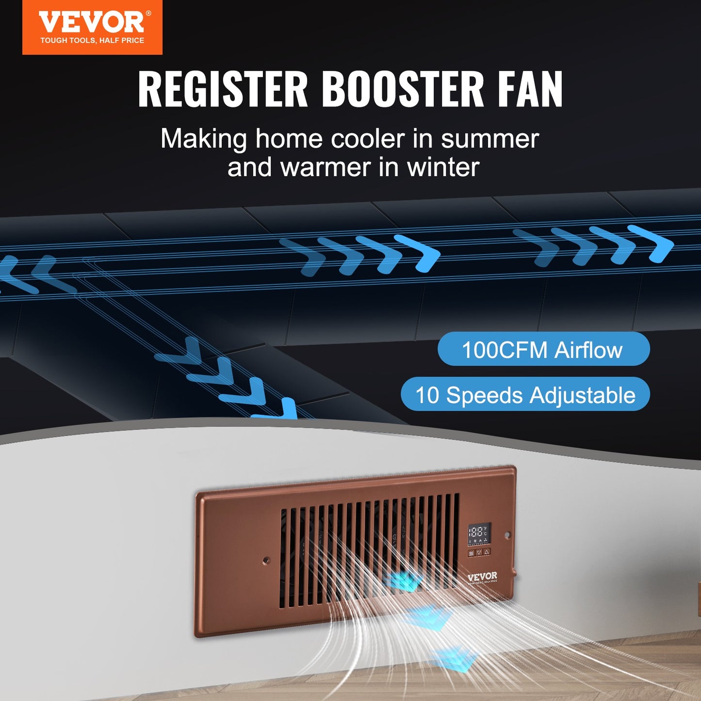 SucceBuy Booster Fan 4x12in Duct Fan 100CFM 10 Adjustable Speeds with LCD Smart Controller for Wall and Floor