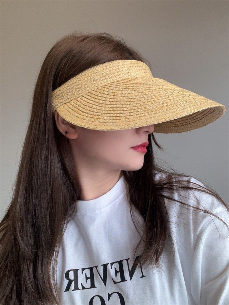 Chapéu de Sol Feminino USPOP de Verão com Aba Grande, Estilo Tiara de Ráfia, Casual e Aberto, para Praia