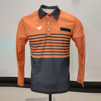 Horse Logo Pattern Print Men Clothes Spring Autumn Long Sleeve Polo Shirt Men Business Casual Turn-down Collar Tops Stripe Polo