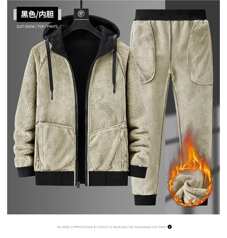 Lamb Cashmere Tracksuit Set Winter Men Sportsuit Gym Sportswear New Thermal Hoodies Fleece Tracksuit Windproof Sport Suit Men