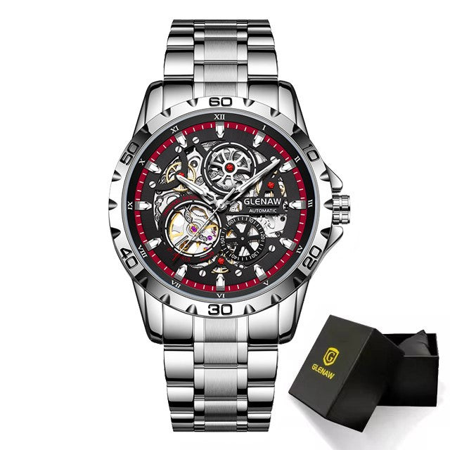GLENAW Steampunk Skeleton Men's Watch Ring Luxury Automatic Mechanical Watches Luminous waterproof Stainless Steel Strap Watch