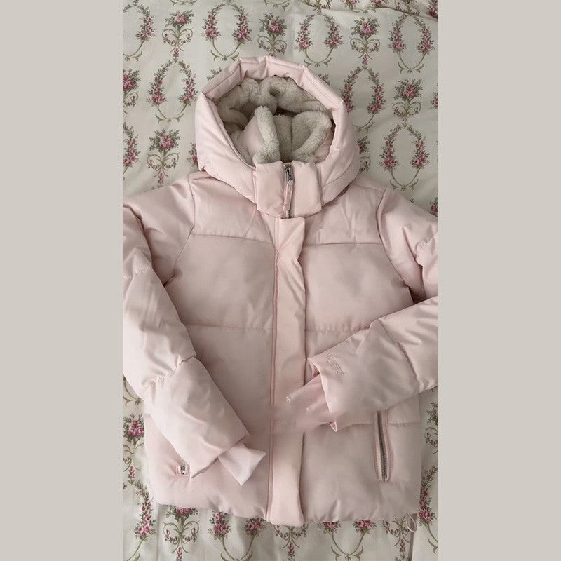 Pink Women's Jacket With Hat Zipper Pockets Inner Faux Fur Solid Female Jackets 2025 Autumn Winter Fashion Chic Lady Outwears