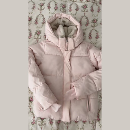 Pink Women's Jacket With Hat Zipper Pockets Inner Faux Fur Solid Female Jackets 2025 Autumn Winter Fashion Chic Lady Outwears