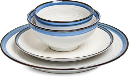 Siterra Santorini Conjunto de Louça de Grés de 16 Peças - Serviço para 4 Pessoas, Pratos e Tigelas, Branco Rústico com Esmalte Azul Reativo
