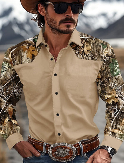 Men's Camouflage Western Shirt Denim Shirt Long Sleeve Western Casual Outdoor Spring and Autumn Lapel Black Brown Green Khaki