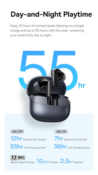 Baseus EP10 Pro ANC Earbuds Wireless Bluetooth 6.0 Earphones 50dB Realtime Adaptive Headphones 6 Mic Hi-Res LDAC IP55  Ear buds