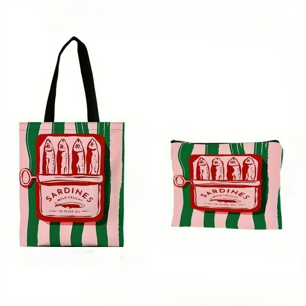 Sardines Wild Caught Olive Oil Tote Bag Beach Bag with Makeup Bag Stylish Reusable Shopping Bag Shoulder Bag Travel Work Bags