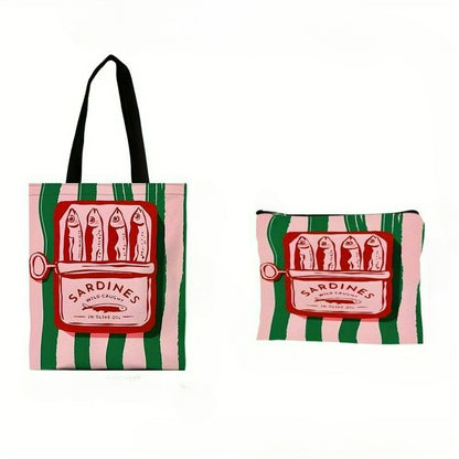 Sardines Wild Caught Olive Oil Tote Bag Beach Bag with Makeup Bag Stylish Reusable Shopping Bag Shoulder Bag Travel Work Bags