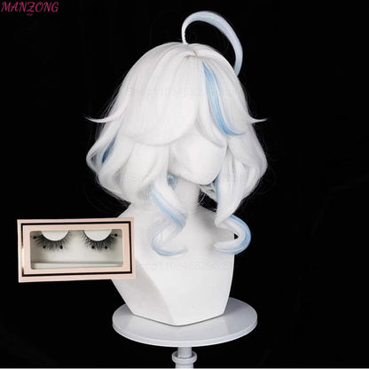 Peruca Curta Furina Peruca Cosplay Focalors Curta Prata Branca Azul Peruca Cosplay Anime Perucas Cosplay Resistente ao Calor Sintética + Touca de Peruca