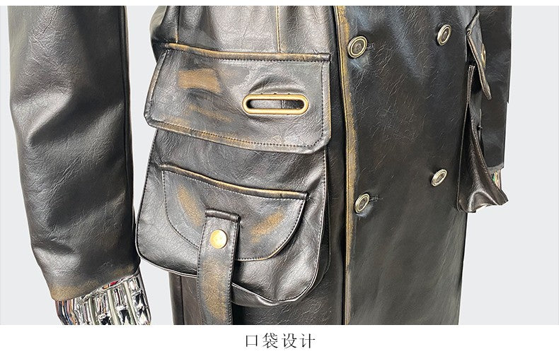 Nerazzurri Spring Autumn Cool Long Waterproof Distressed Black Pu Leather Trench Coat Men Belt Pockets Luxury Designer Clothes