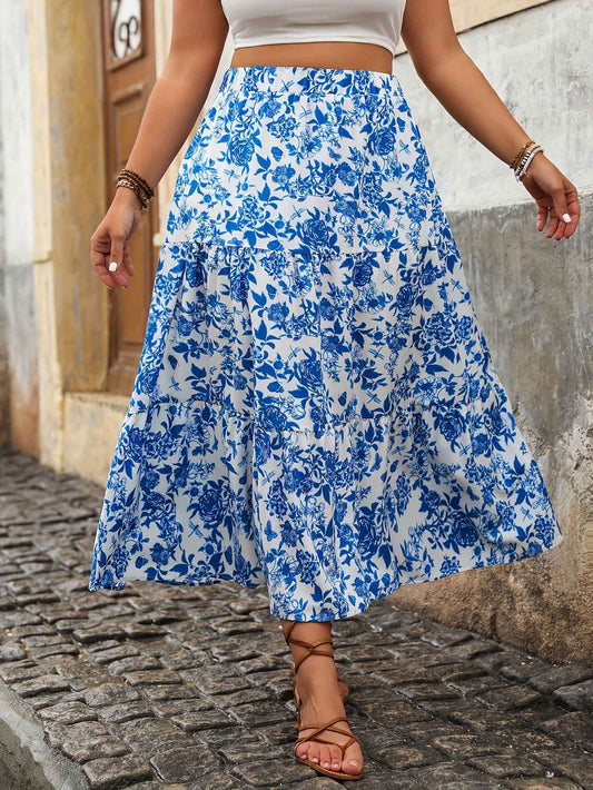 Plus Size Women Elegant Floral Print Skirt Casual Fashion Loose High Waist Long Vintage Midi A-line Skirts