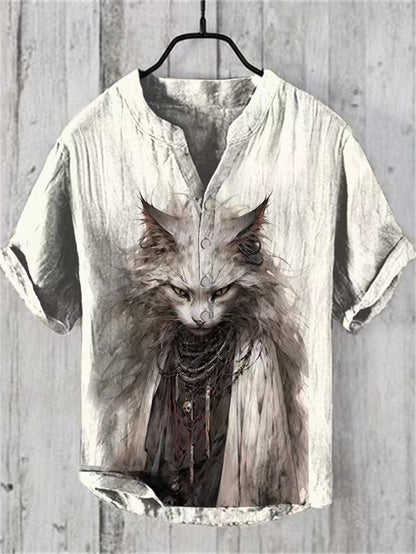 2024 Summer Retro Style European and American Popular Linen Short sleeved Shirt Fashion Hawaiian Shirt Button V-neck