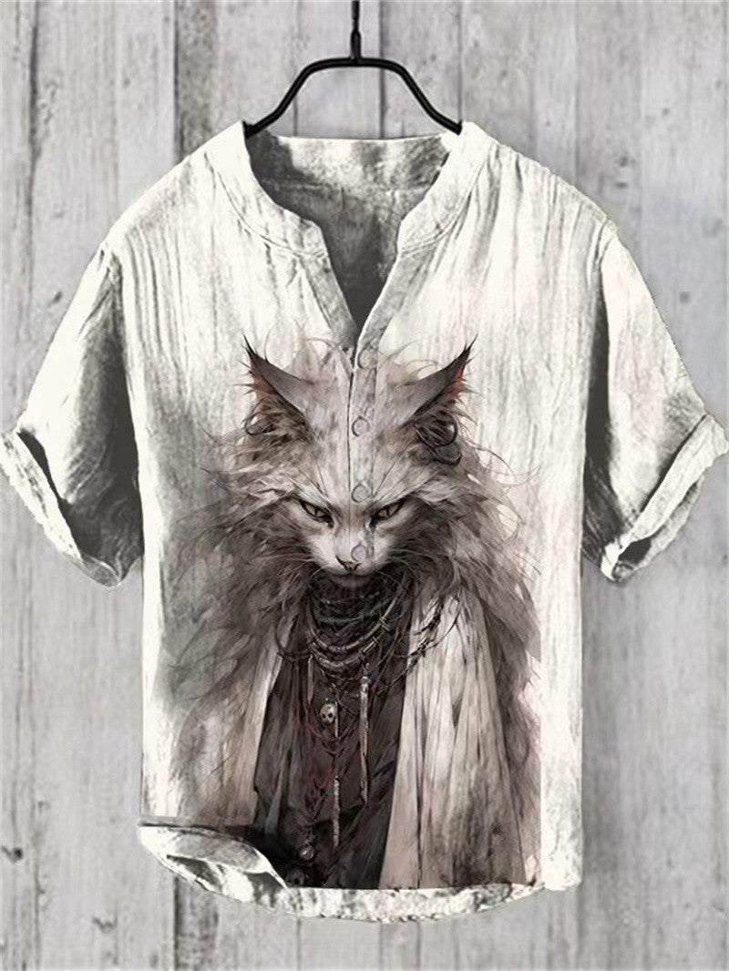 2024 Summer Retro Style European and American Popular Linen Short sleeved Shirt Fashion Hawaiian Shirt Button V-neck