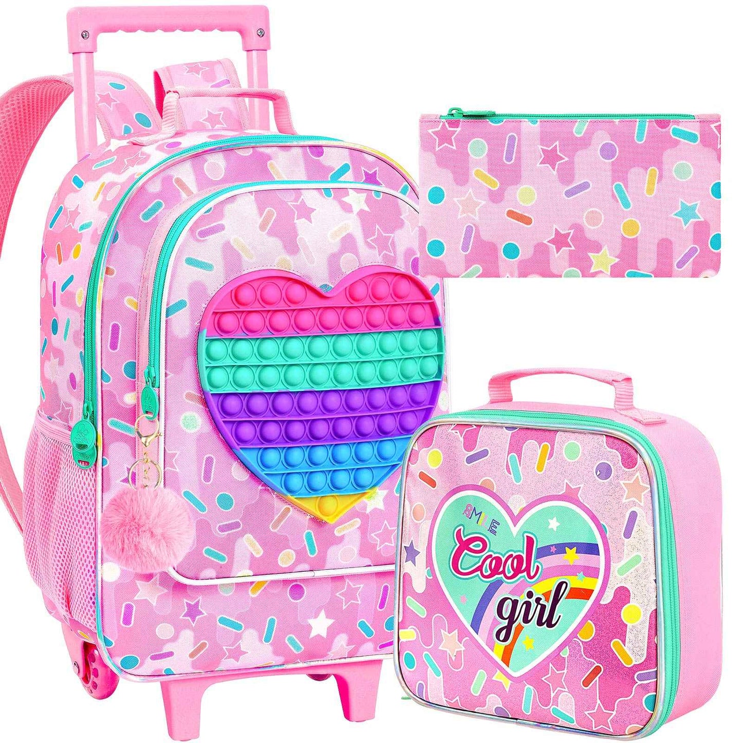 Mochila de Rodinha 3 Peças para Meninas, Mochila com Rodas para Crianças, Mochila Escolar com Rodinhas e Lancheira - Coração Roxo