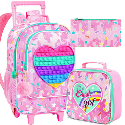 Mochila de Rodinha 3 Peças para Meninas, Mochila com Rodas para Crianças, Mochila Escolar com Rodinhas e Lancheira - Coração Roxo