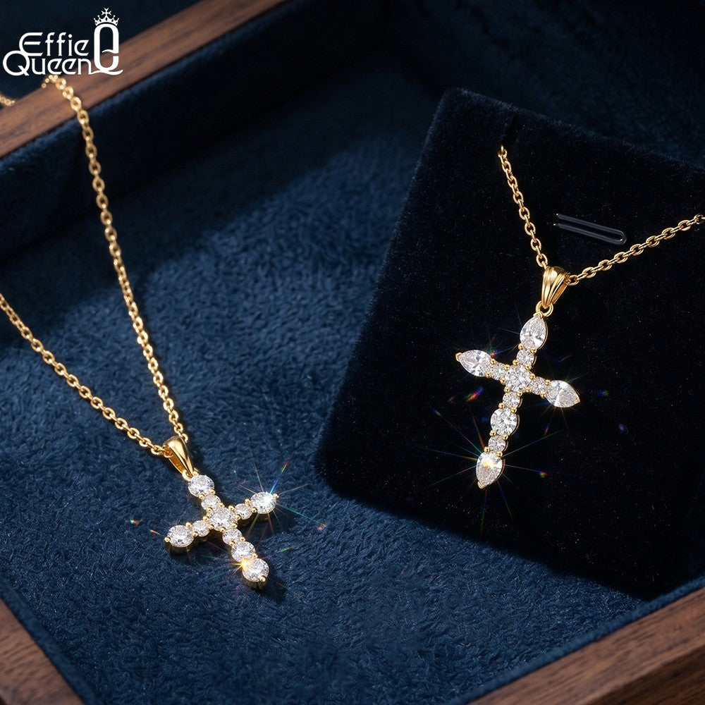 EFFIE QUEEN S925 Sterling Silver Moissanite Cross Necklace GRA Certificate D VVS1 Diamond Cross Pendant Neck Chain Women SMON15