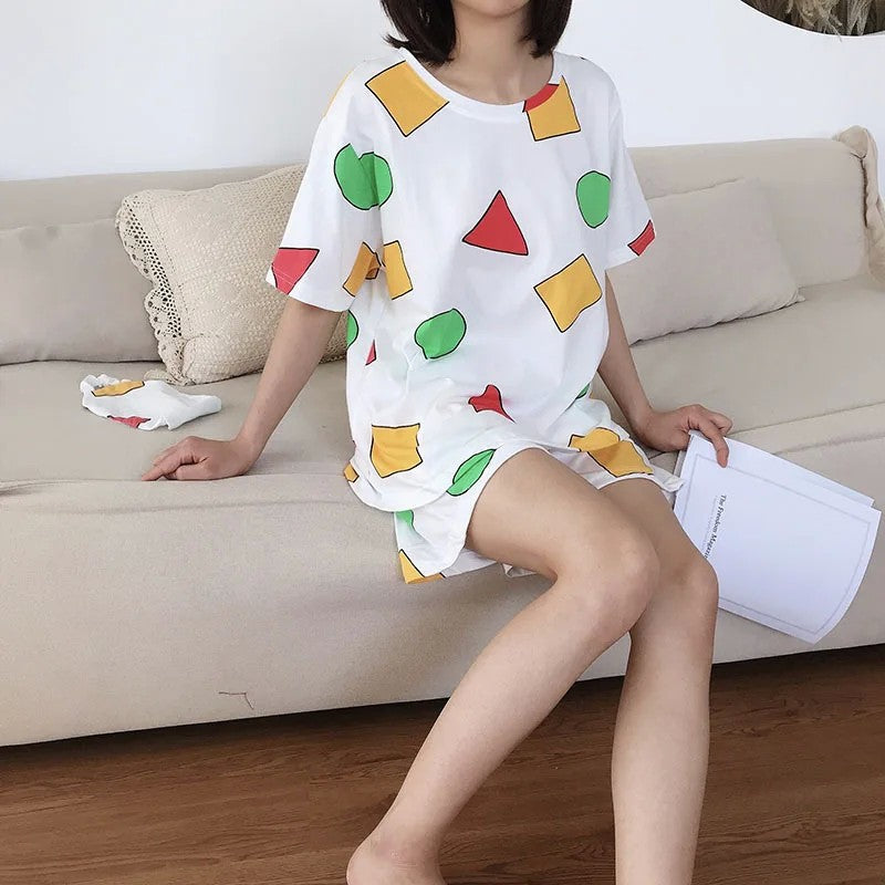 Japanese pajamas women's short-sleeved crayons Xiaoxin round neck with Korean loungewear trousers two-piece set