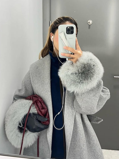 Elegant Faux Fur Cuffs Woolen Coat With Belt For Women Fashion Lapel Long Sleeve Lace Up Maxi Jacket Lady 2025 Autumn Outerwear
