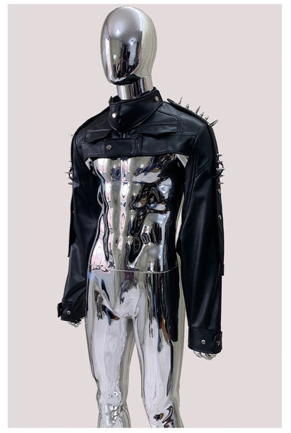 Mauroicardi Cool Black Cropped Pu Leather Jacket Men Rivet Shoulder Pads Zip Up Short Luxury Punk Style Clothes European Fashion