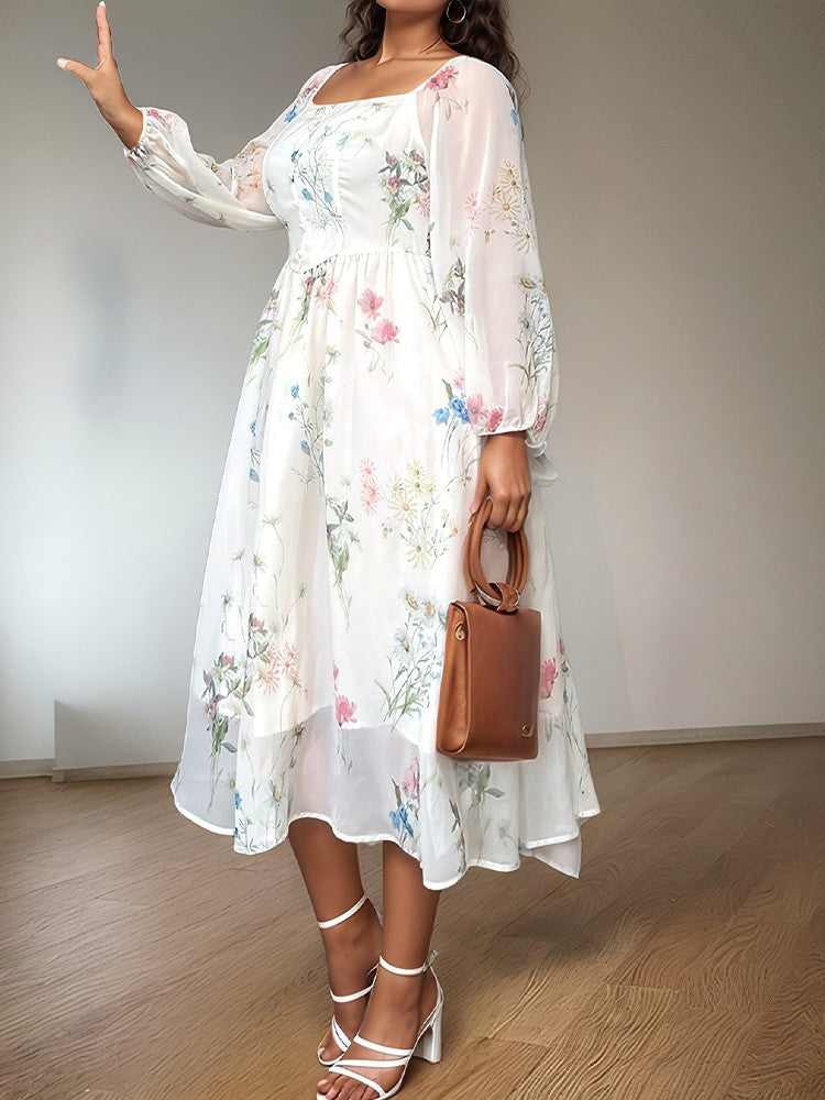 Sexy Semi-Transparent Square Neck Long Sleeve Plus Size Dress Elegant Flower Print Midi Dress On Sale Clearance Party Dresses