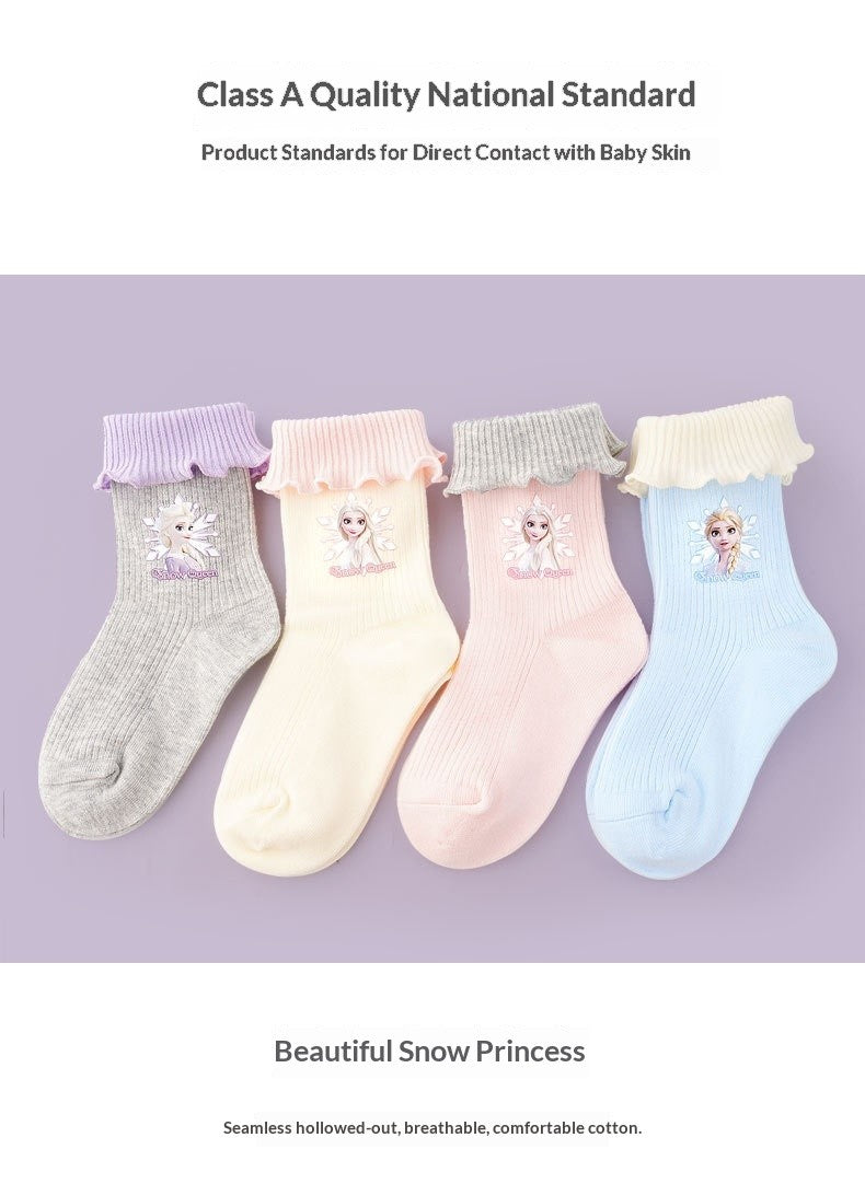 Disney Girls' Socks Autumn/Winter Lace Short Socks Elsa Princess A-Class Cartoon Children'S Cute Warm Cotton Socks