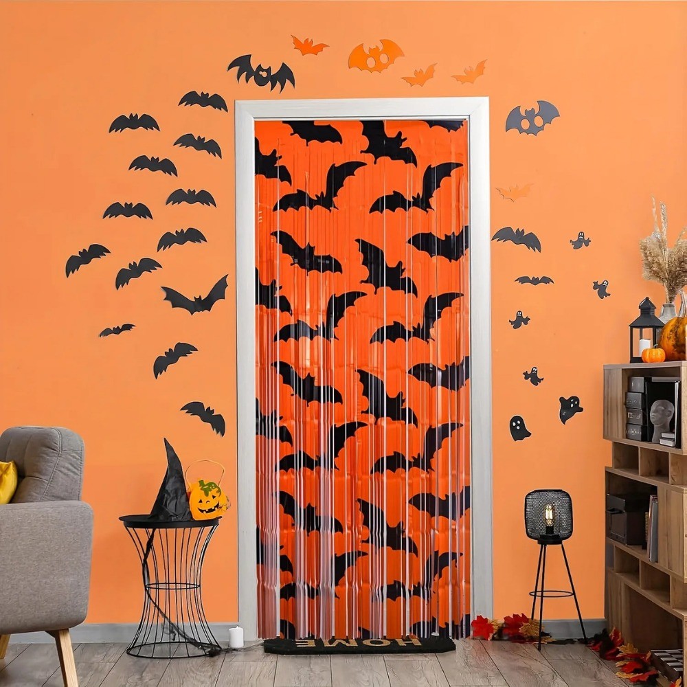 1Pc Black Bat Pattern Orange Foil Fringe Backdrop, Halloween Themed Photo Booth Background Decor For Holiday Party Supplies