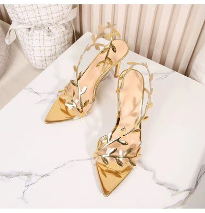2024 Summer Fashion Patent Leather Gold Leaf Women Sandals Elegant Pointed toe Thin High heels Gladiator Sandalias Party Shoes
