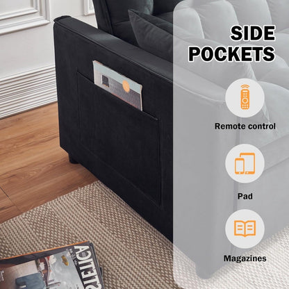 Sleeper Sofa Bed, 3-in-1 Velvet Pull Out Couch with Armrests, Storage Pockets and 2 Pillows, Adjustable Backrest, Sofa Bed Couch