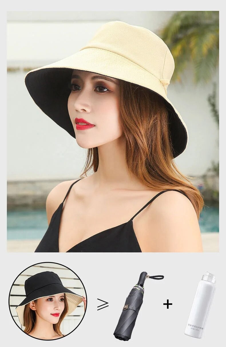 Chapéu de Pescador Feminino, Proteção Facial para o Verão, Protetor Solar, Chapéu de Sol de Aba Larga, Dupla Face e Versátil de Celebridades da Internet