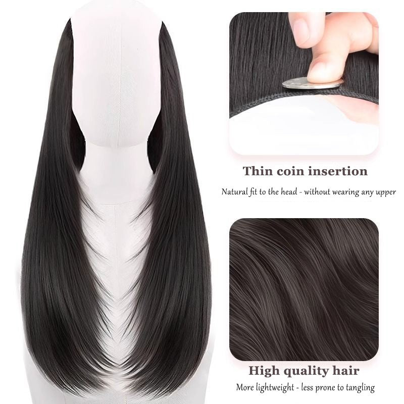 Peruca feminina com botão interno de peça única, cabelo encaracolado longo em camadas, aplique em V