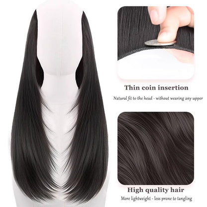 Peruca feminina com botão interno de peça única, cabelo encaracolado longo em camadas, aplique em V