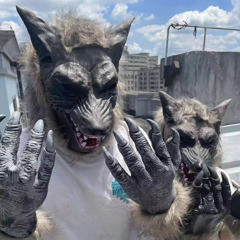 Halloween Latex Rubber Wolf Head Hair Mask Werewolf Gloves Costume Party Scary Decor Masquerade Props