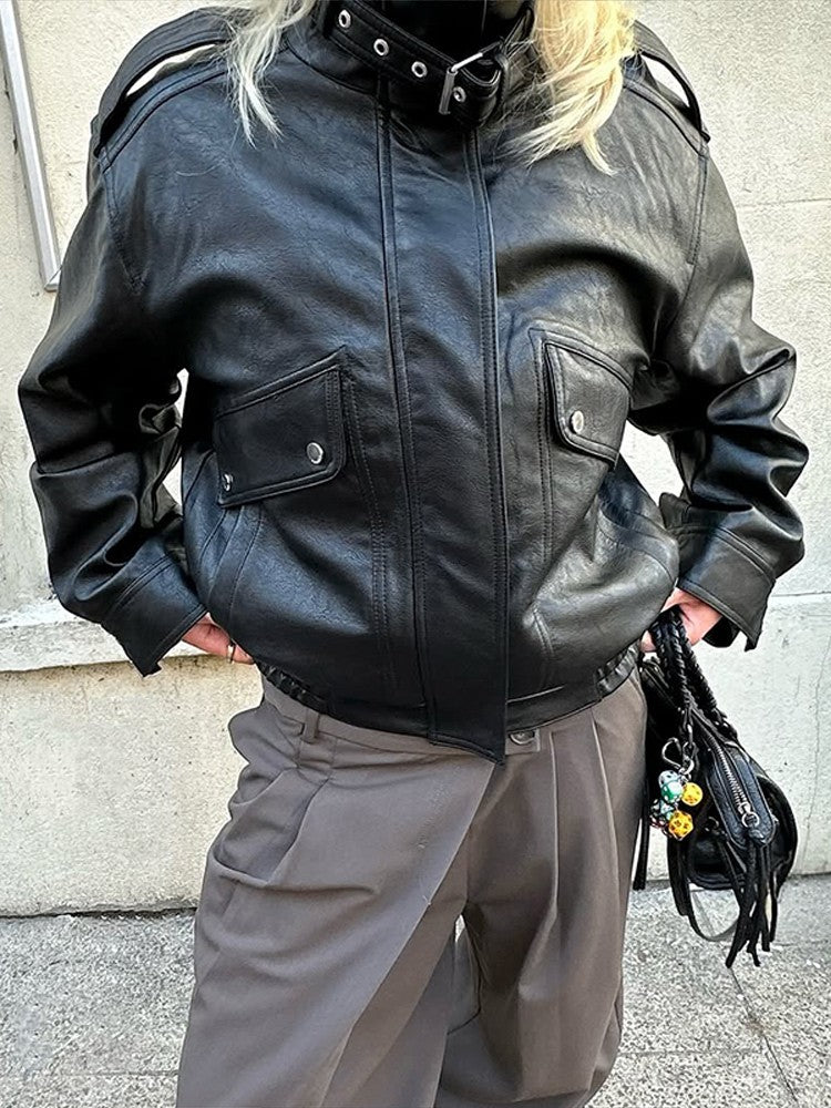 Fashion PU Leather Stand Up Coat for Women Casual Long Sleeve Zipper Lady Jackets 2025 Autumn New Female Outerwear High Street