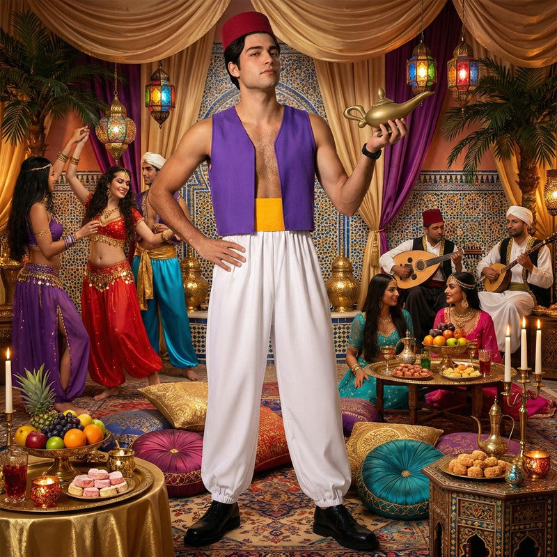Anime Adult Aladdin Prince Costume Arabian Nights Cosplay with Belt and Hat for Halloween Party Performance God's Lamp Party Cos