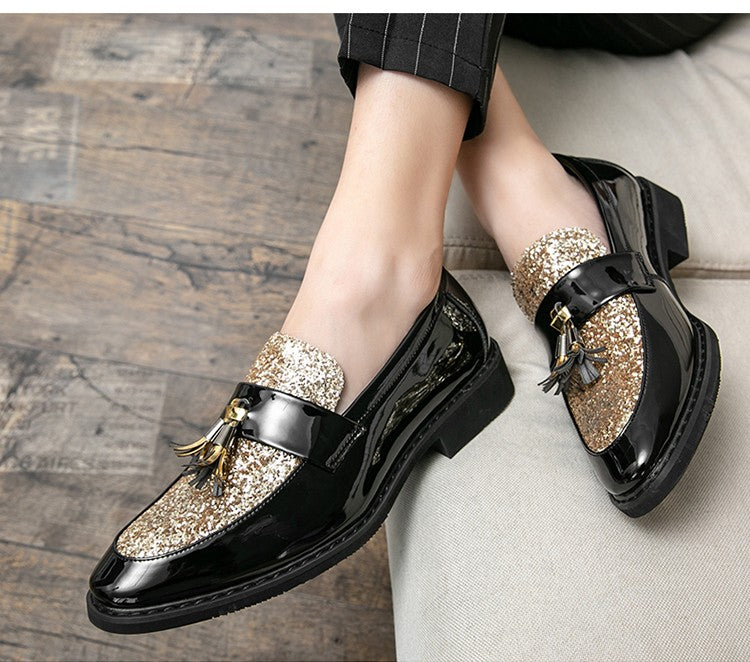 British Style Sequined Leather Shoes Men Golden Men's Loafers Big Size 38-47 Luxury Comfortable Business Shoes Men Formal Shoes