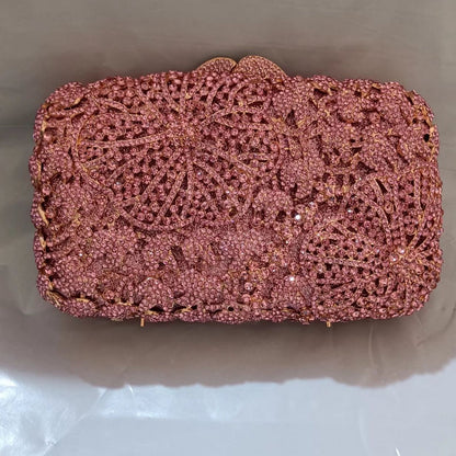 Luxury Women Pink Flower Clutch Bags Stone Evening Bags Bridal Rhinestone Handbags Wedding Clutches Bags Dinner Minaudiere Purse