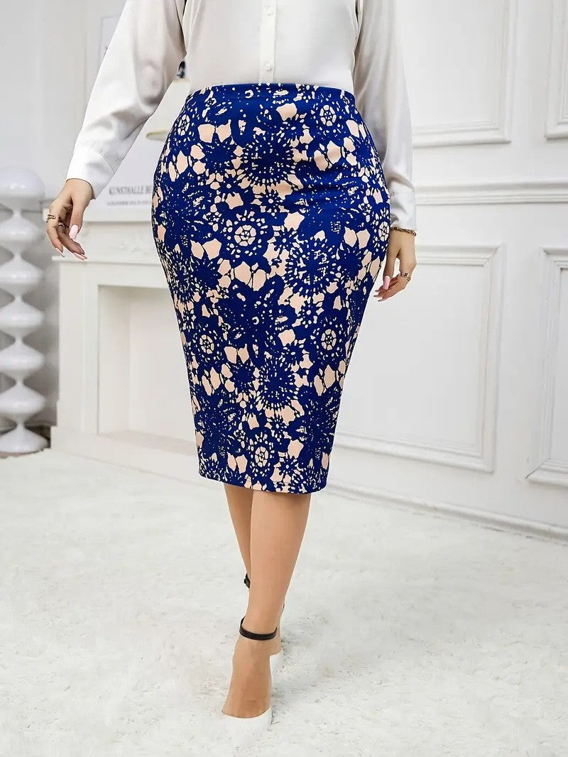 GIBSIE Plus Size Women's Vintage Print Bodycon Midi Skirts Ladies Elegant High Waist Slim Knee Length Office Casual Pencil Skirt