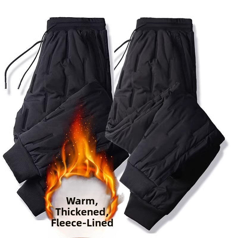 Calças de algodão masculinas de inverno com enchimento de penas, corta-vento, quentes, folgadas, tamanho grande, uso externo, resistentes ao desgaste, à prova de sujeira, térmicas