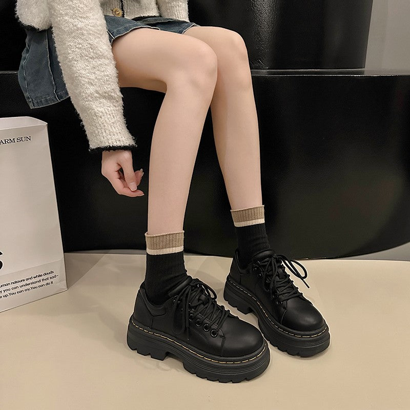 Womens Derby Shoes Autumn British Style Female Footwear Loafers With Fur Round Toe Clogs Platform Casual Sneaker Leather Fall Pr