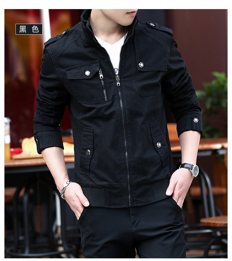 Korean Fashion Stand-up Collar Denim Cargo Coat 2023 Spring Autumn New Men's Jacket Men's Zipper Pocket Stitching Slim Jacket